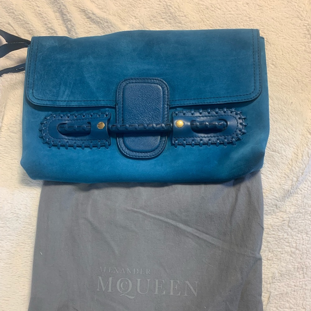 ALEXANDER MQUEEN 💙Suede Fold-Over Clutch Bag, Prussian Blue New